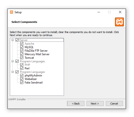 XAMPP selecteer componenten