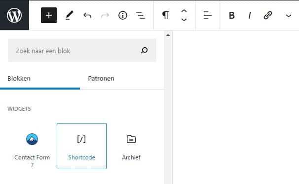 WordPress shortcodes invoegen widget