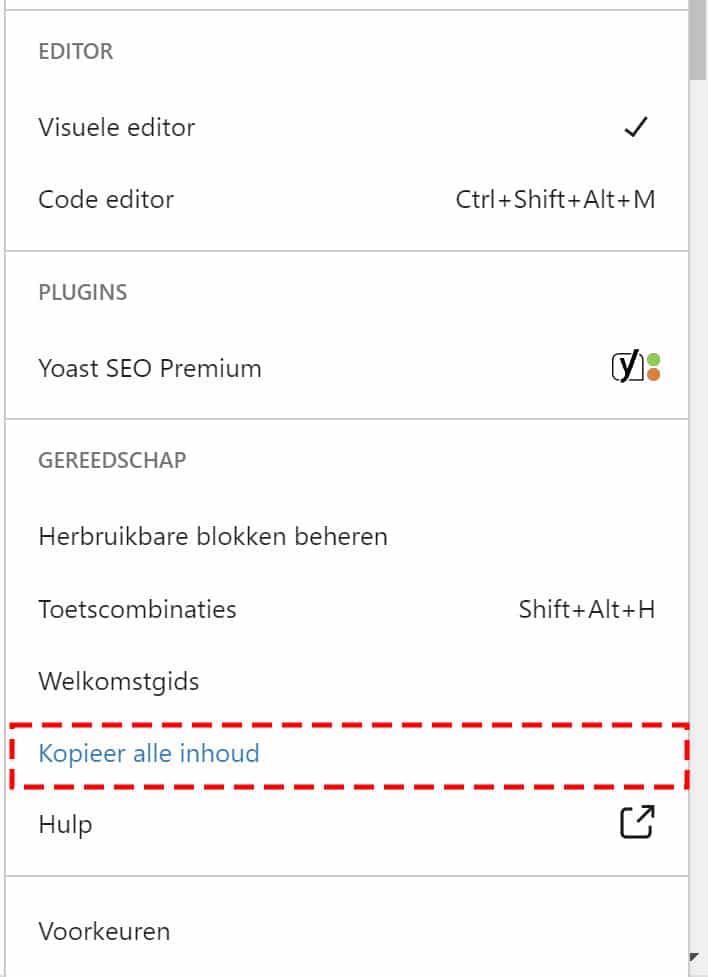 Screenshot kopieer alle inhoud dupliceren wordpress