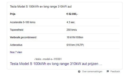 Snippet tabel vorm Tesla Model S